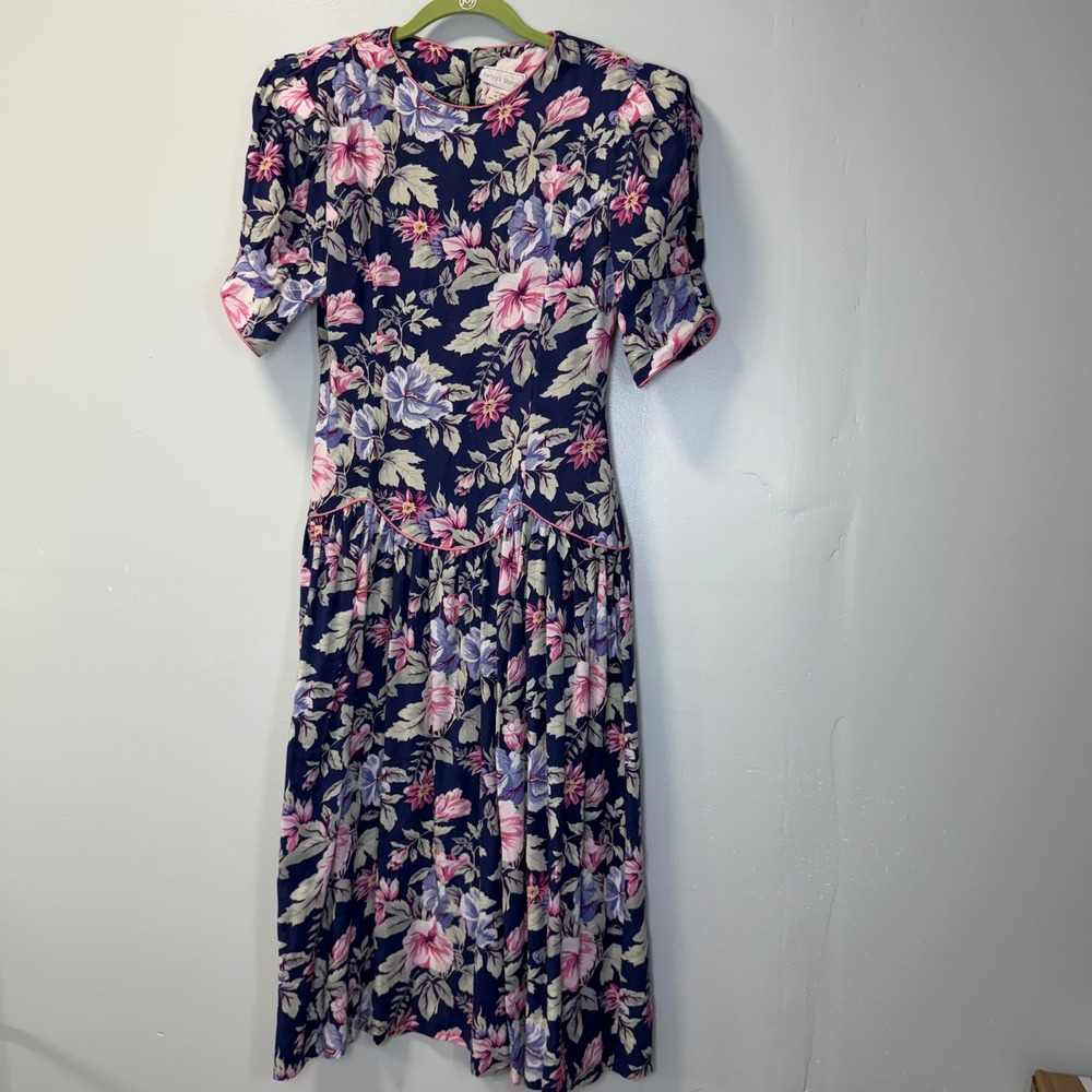 VTG‎ Betsy's Things Floral Midi Dress Navy Pink Puffed Sleeve Cottagecore 5/6